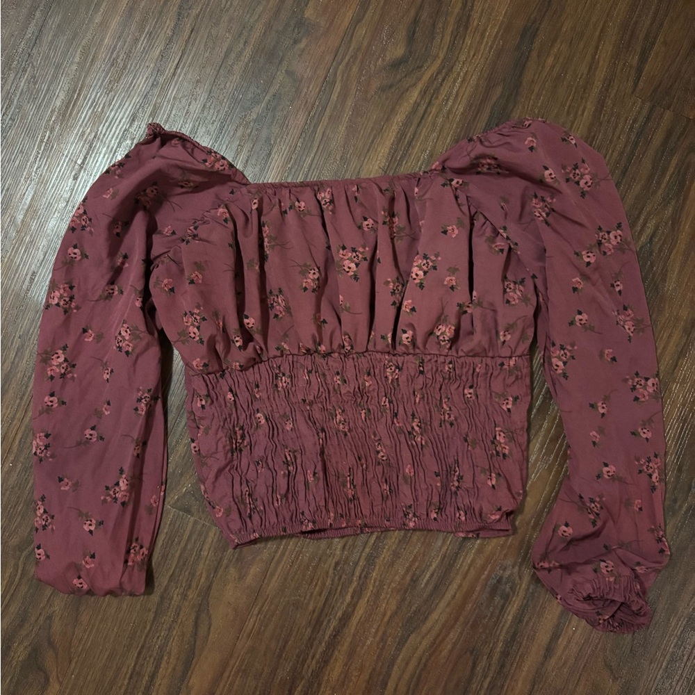 Smocked Burgundy Floral Off-Shoulder Crop Top